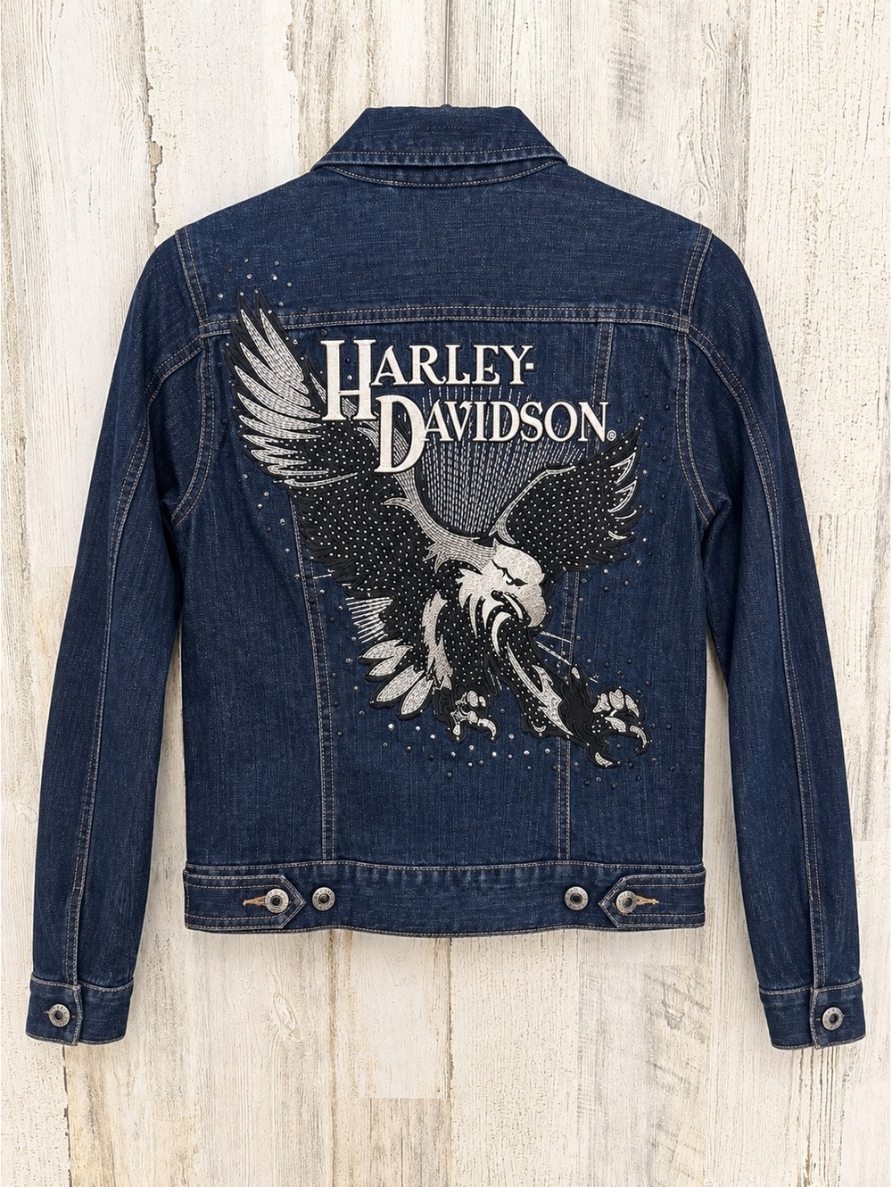 Harley-Davidson Women’s XS Denim Jacket Eagle Rhinestone Embroidered Moto